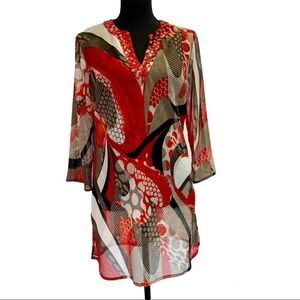 BELLISSIMA red tan gem embellished V-neckline sheer coverup blouse Sz S 🇨🇦🔥